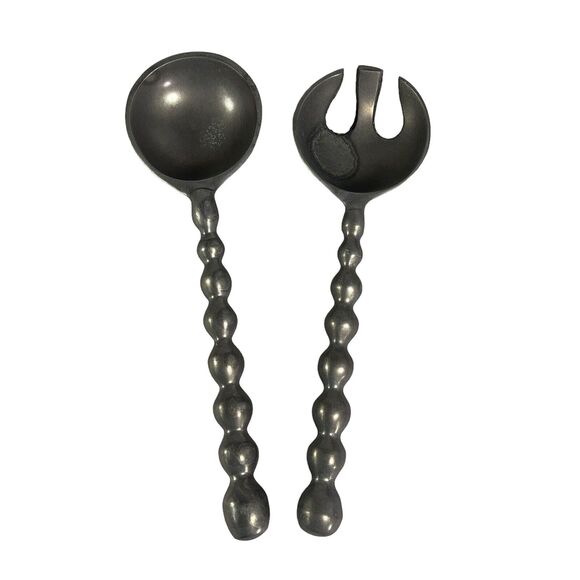 Retro Metal Pewter Salad Servers Serving Utensils Set MCM Rustic Grey Gray - Picture 8 of 8